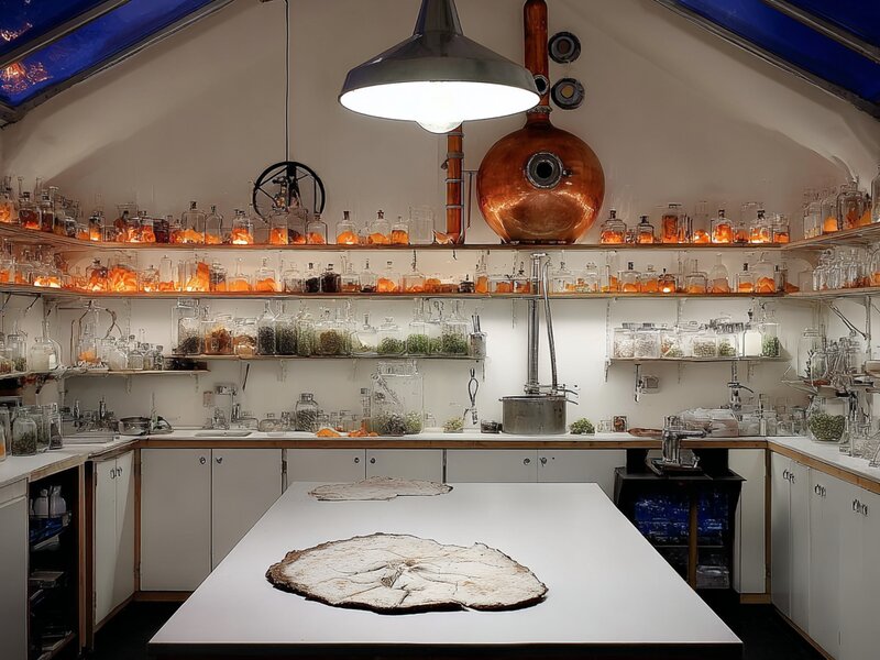 The Laboratory - Glass-walled distillery room